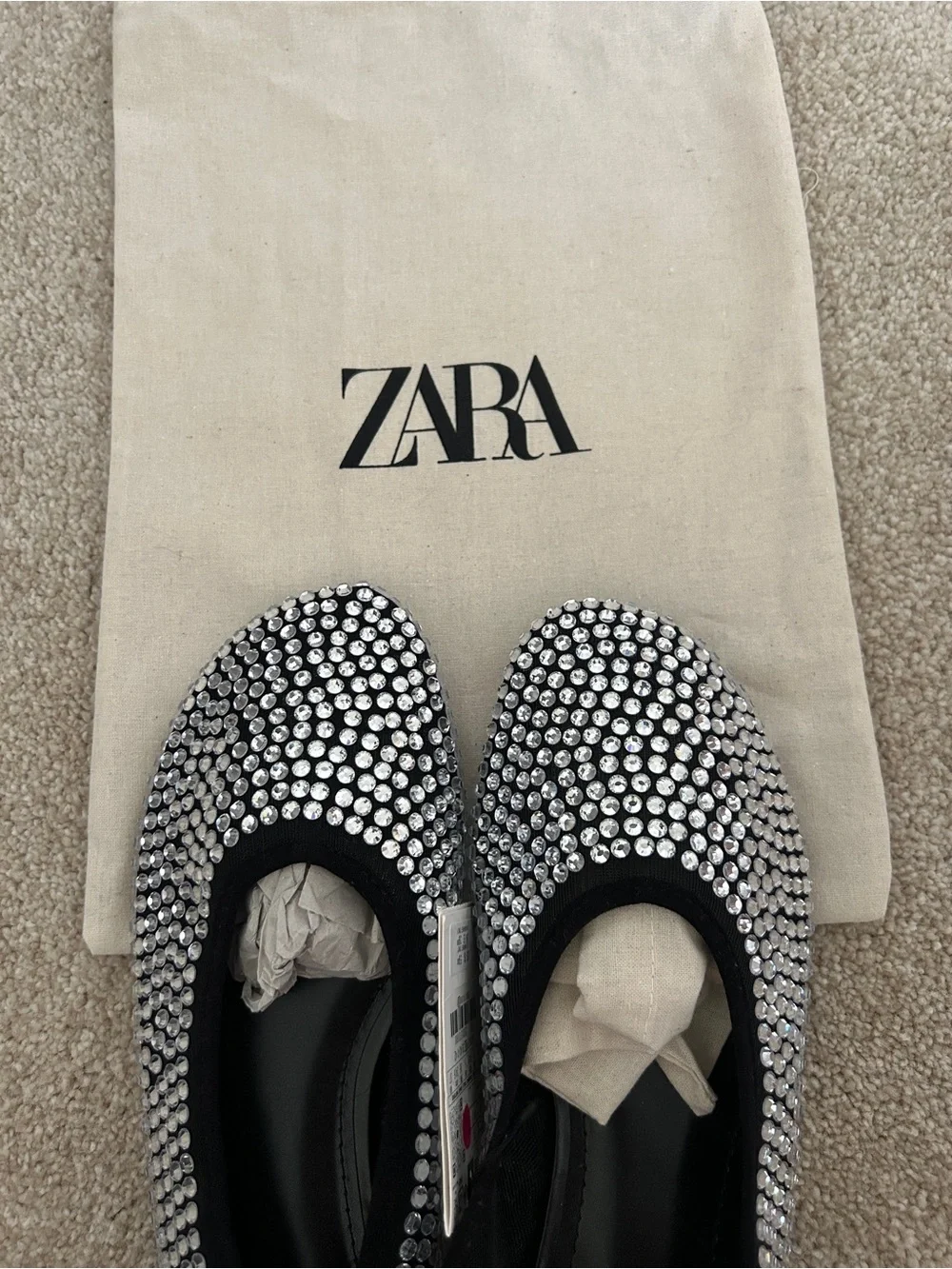 Zara black ballet flats with silver rhinestones